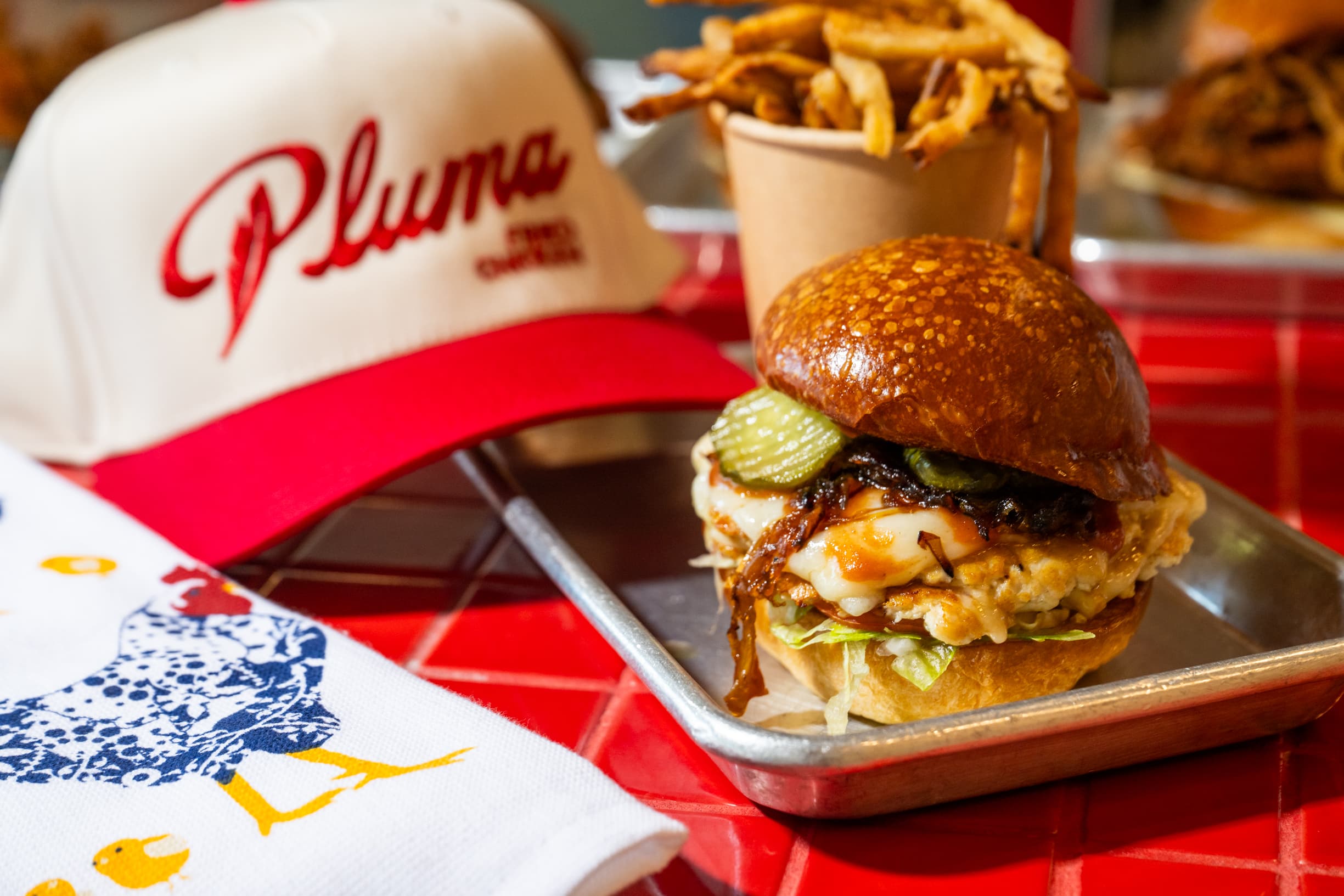 A bagged fried chicken sandwich order ready for pickup