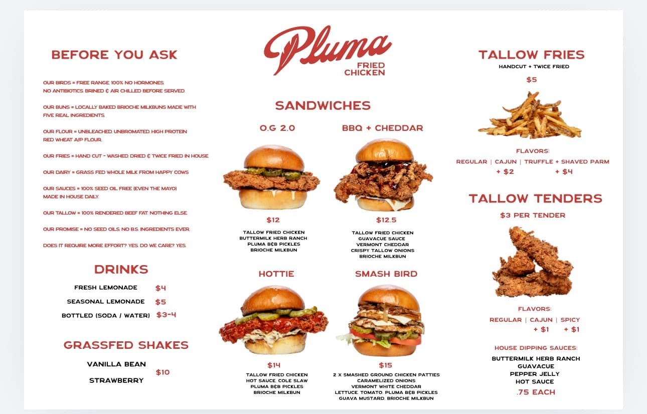 Pluma full menu — fried chicken, sides, biscuits, and drinks